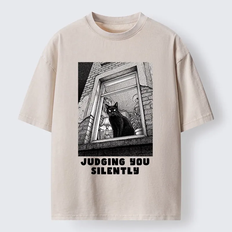 Magmoo The Judging Black Cat Washed T-Shirt-Magmoo