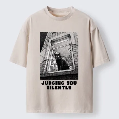 Magmoo The Judging Black Cat Washed T-Shirt-Magmoo