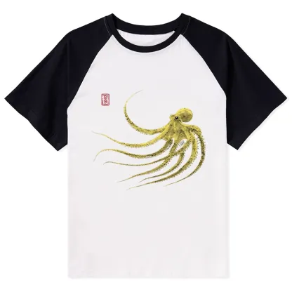 Magmoo Retro Octopus Japanese Raglan T-shirt