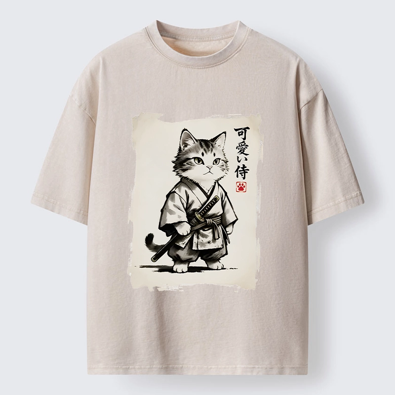 Magmoo Japanese Samurai Cat Illustration Washed T-Shirt