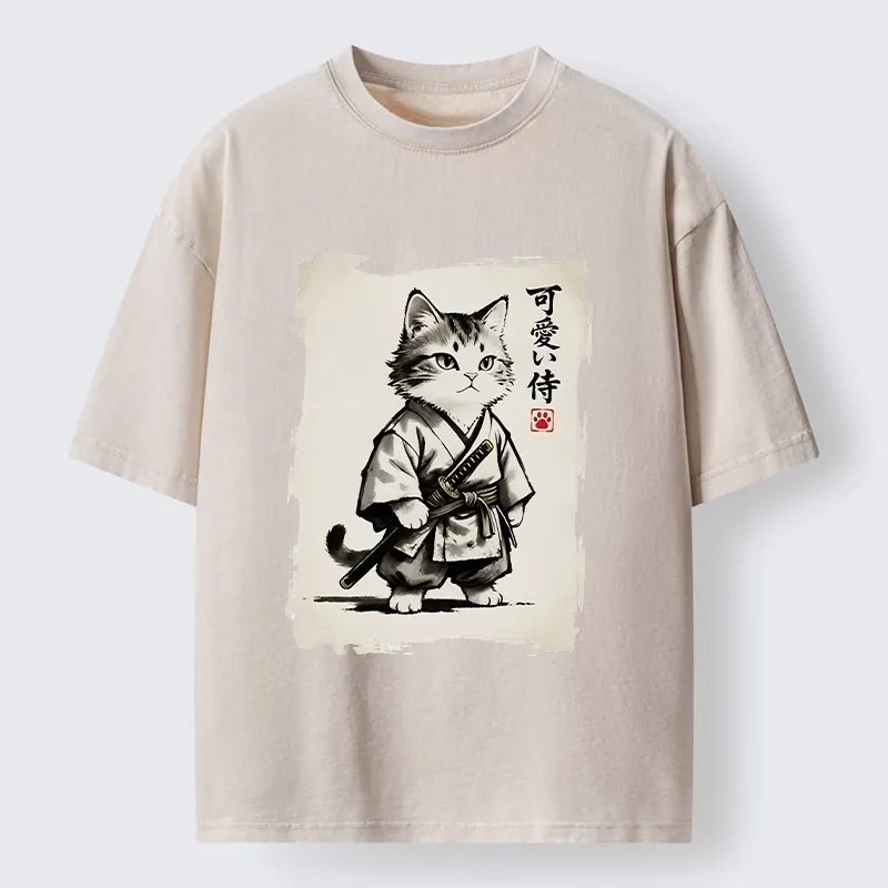 Magmoo Japanese Samurai Cat Illustration Washed T-Shirt