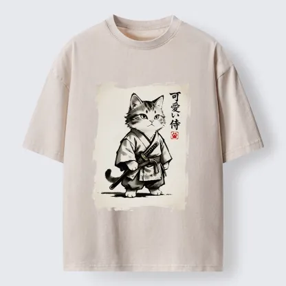 Magmoo Japanese Samurai Cat Illustration Washed T-Shirt