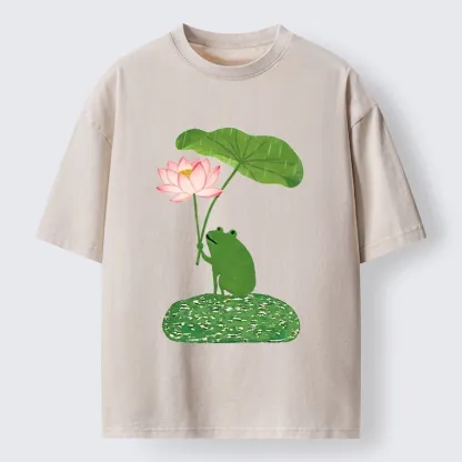 Magmoo Frog With Lotus Umbrella Meme Washed T-Shirt