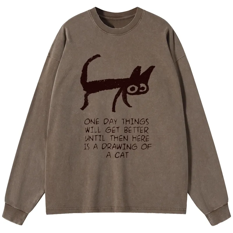 Magmoo Cat Cheer Up Drawing Washed Long Sleeve T-Shirt-Magmoo