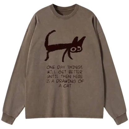 Magmoo Cat Cheer Up Drawing Washed Long Sleeve T-Shirt-Magmoo