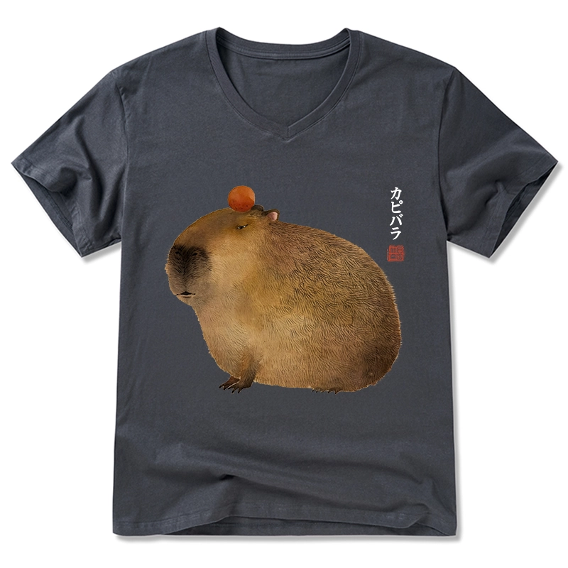 Magmoo Calm Capybara Illustration V-Neck Classic T-Shirt-Magmoo