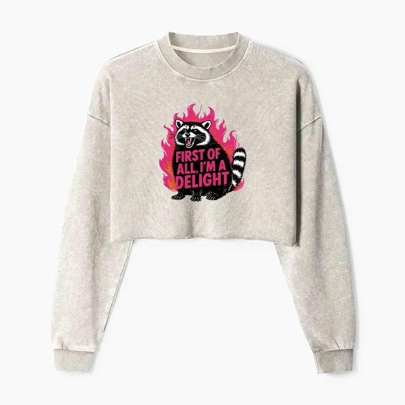Magmoo Angry Raccoon Funny Washed Crop Sweatshirt