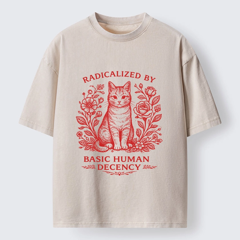 Magmoo Cat Roses Radical Human Decency Washed T-Shirt