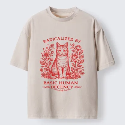 Magmoo Cat Roses Radical Human Decency Washed T-Shirt