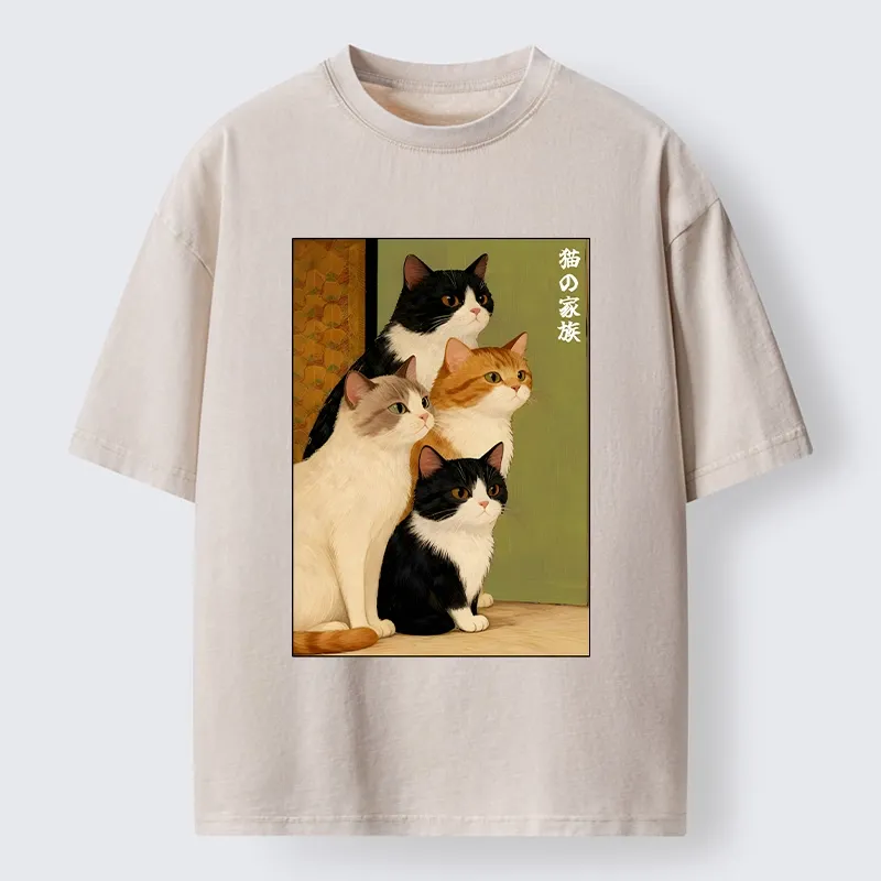 Magmoo Funny Japanese Cat Family Portrait Washed T-Shirt