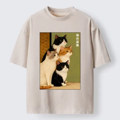 Magmoo Funny Japanese Cat Family Portrait Washed T-Shirt