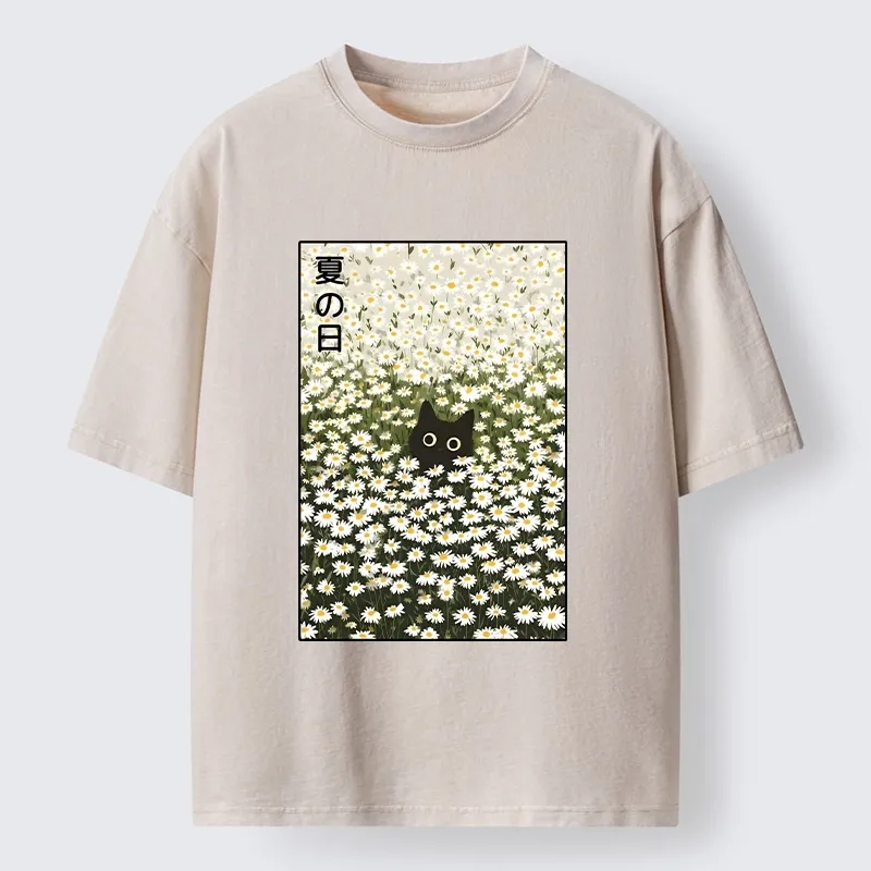 Magmoo Summer Day Daisies Black Cat Washed T-Shirt