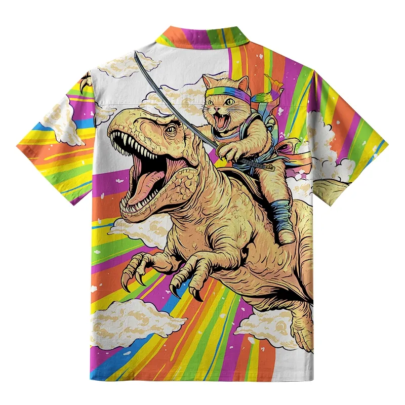 Magmoo Rainbow Cat Rides A Dinosaur Aloha Hawaiian Shirt
