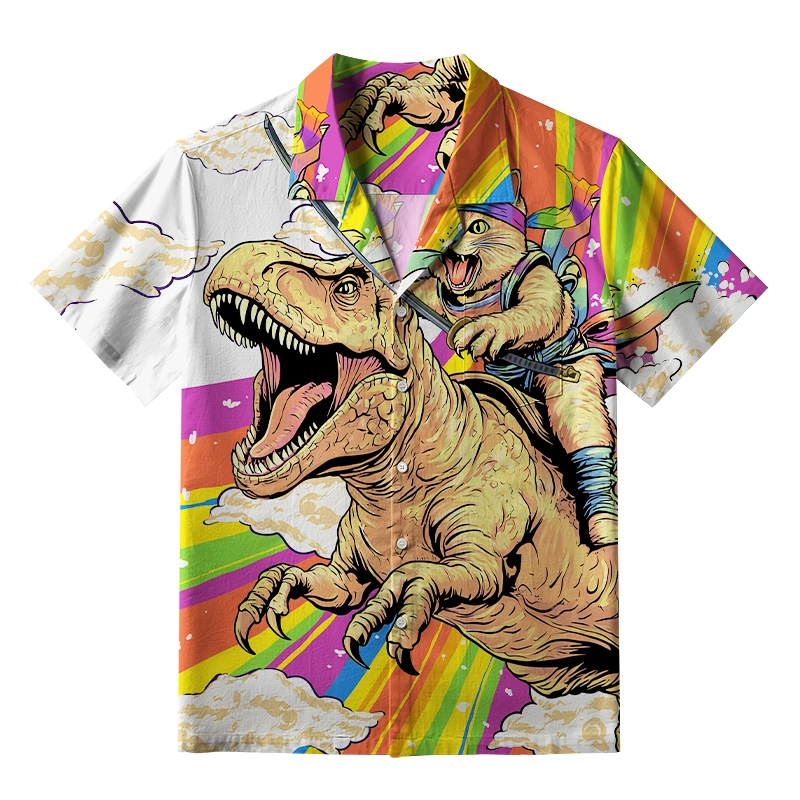Magmoo Rainbow Cat Rides A Dinosaur Aloha Hawaiian Shirt