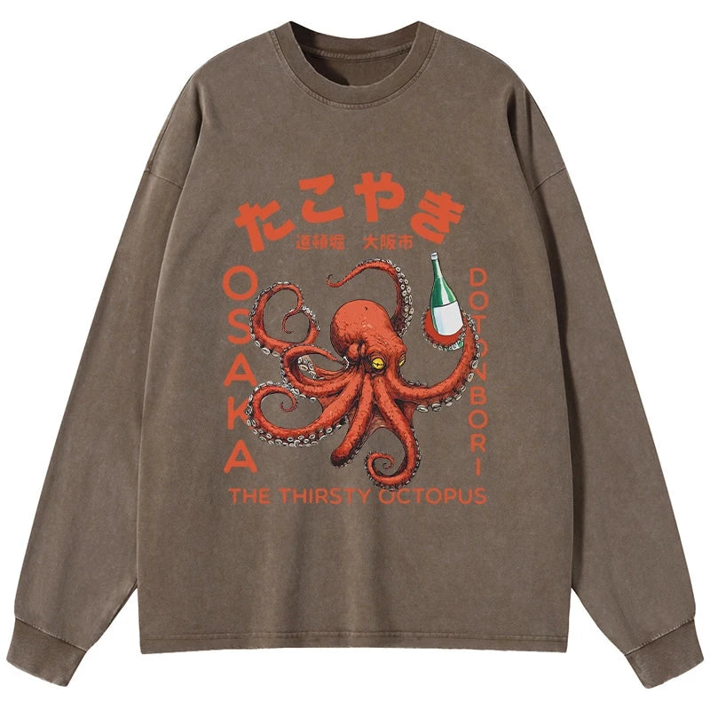 Magmoo Octopus Drinks Soju Washed Long Sleeve T-Shirt