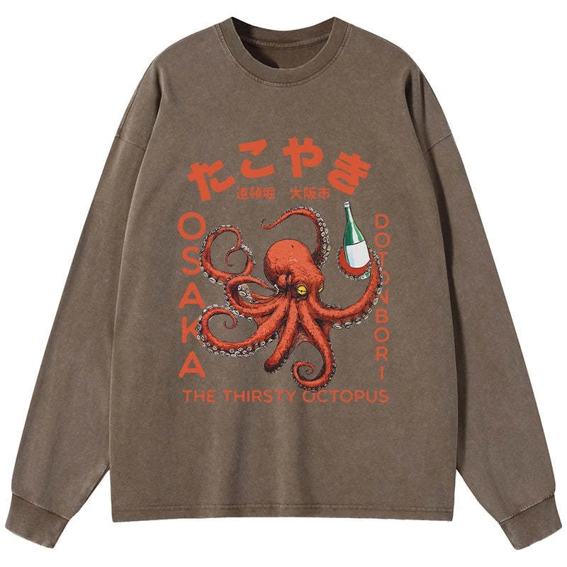 Magmoo Octopus Drinks Soju Washed Long Sleeve T-Shirt