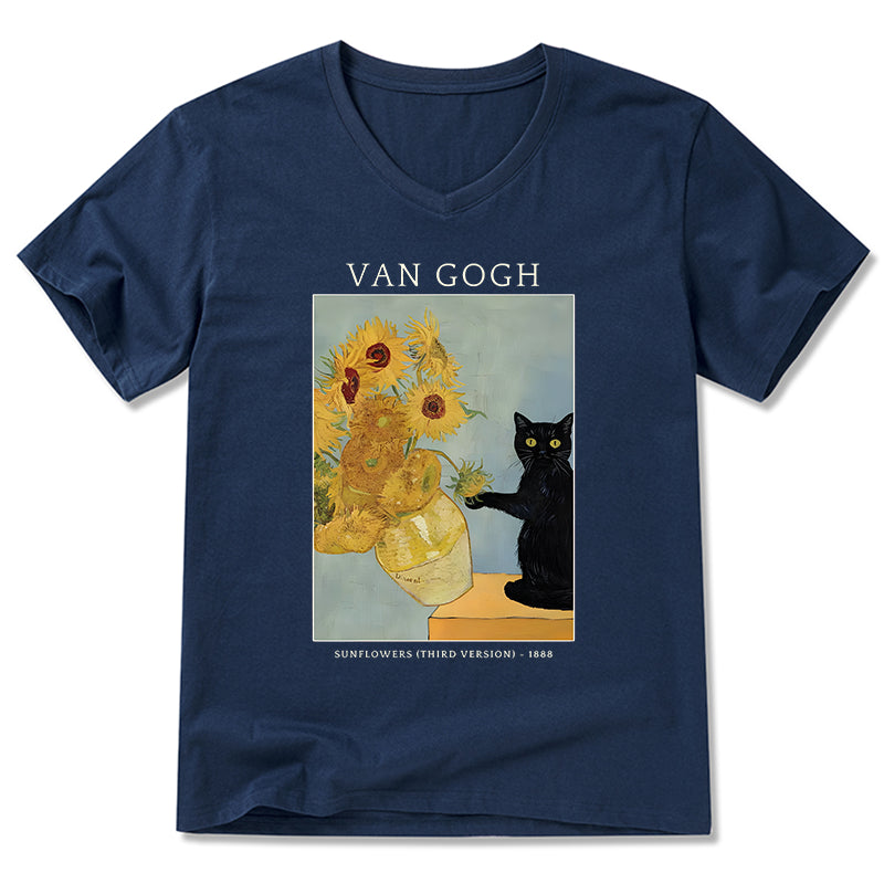 Magmoo Black Cat With Sunflowers V-Neck Classic T-Shirt
