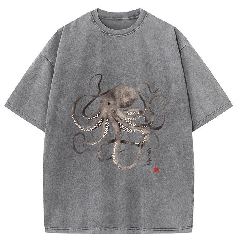 Magmoo Octopus Japanese Calligraphy Washed T-Shirt