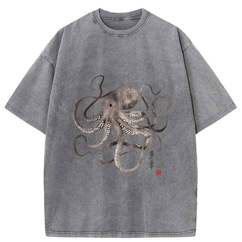 Magmoo Octopus Japanese Calligraphy Washed T-Shirt