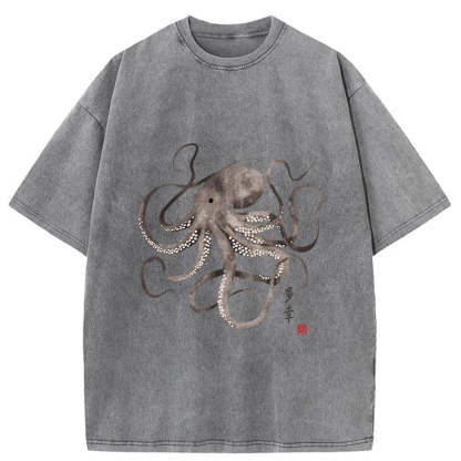 Magmoo Octopus Japanese Calligraphy Washed T-Shirt