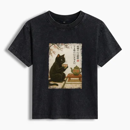 Magmoo Tea Time With A Black Cat Women's Washed T-shirt