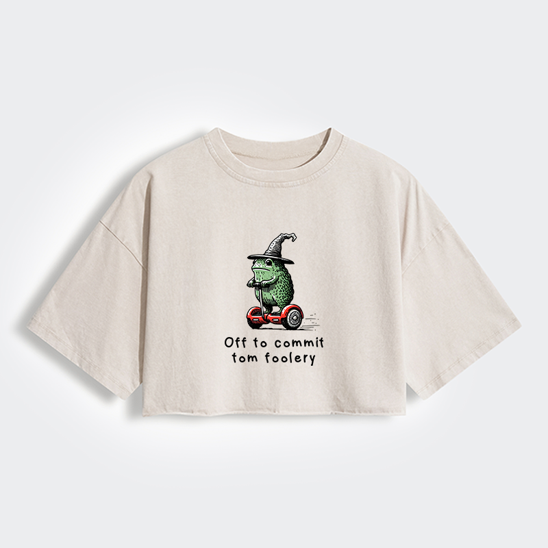 Magmoo Frog Riding A Balance Scooter Women's Washed Crop T-Shirt