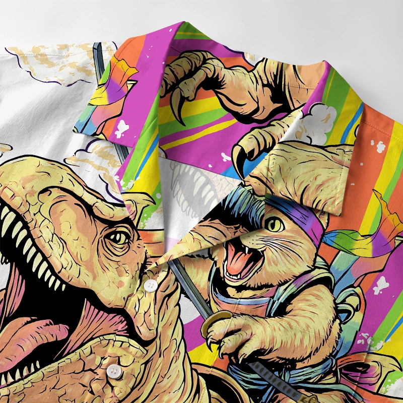 Magmoo Rainbow Cat Rides A Dinosaur Aloha Hawaiian Shirt