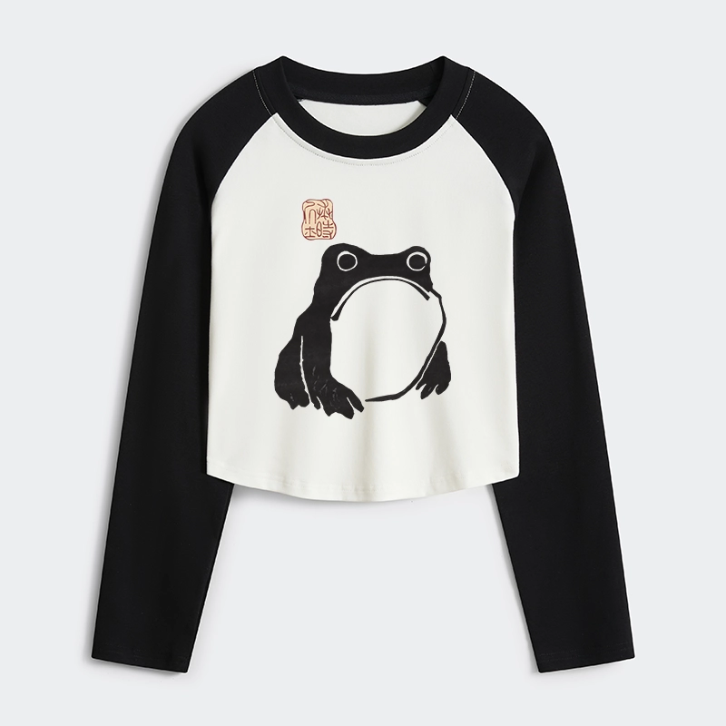 Magmoo Matsumoto Hoji Woodblock Print Frog Women's Crop Raglan T-Shirt