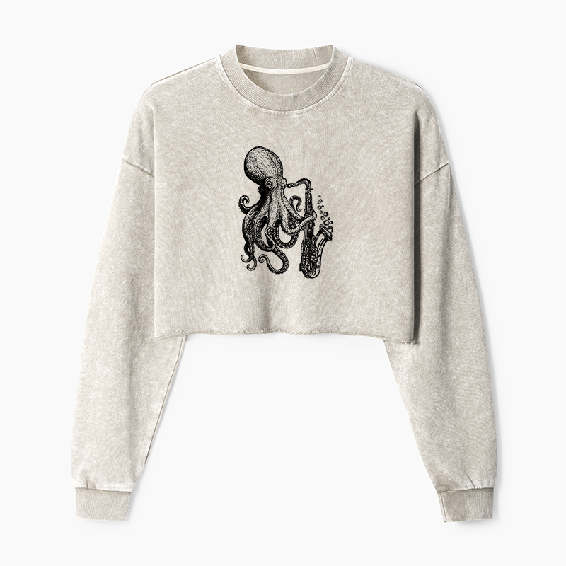 Magmoo Octopus Playing Saxophone Washed Crop Sweatshirt