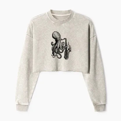 Magmoo Octopus Playing Saxophone Washed Crop Sweatshirt