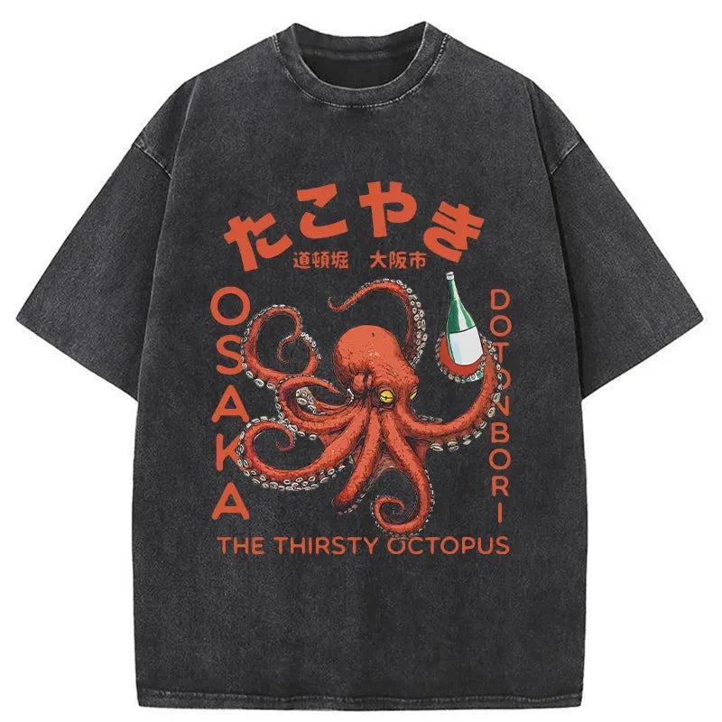 Magmoo Octopus Drinks Soju Washed T-Shirt