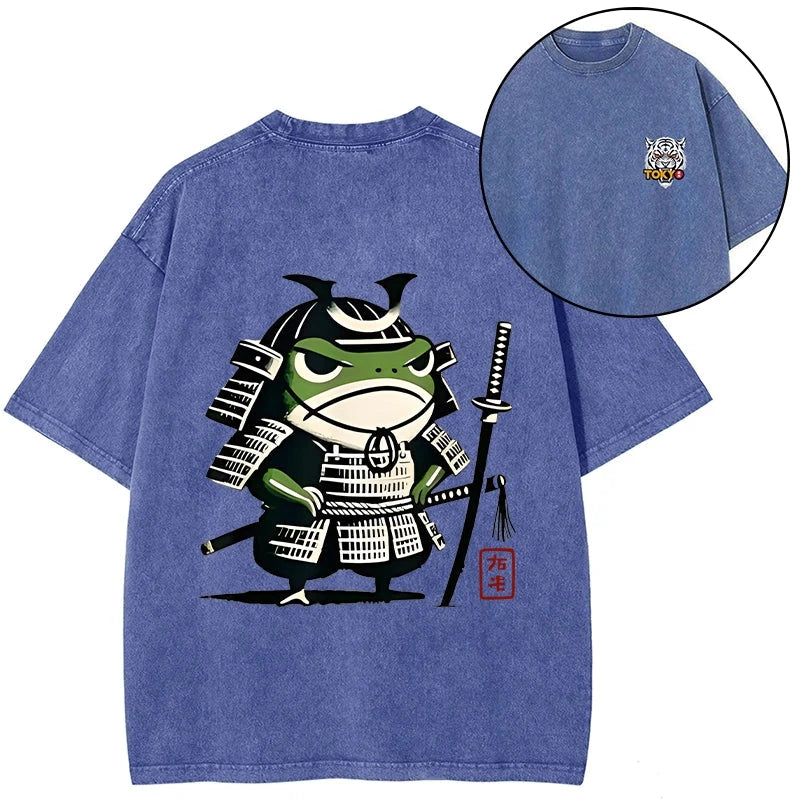 Magmoo Frog Samurai Japan Front Back Washed T-Shirt