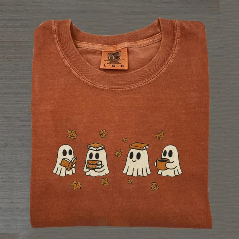 Cute Ghosts Reading Books Autumn Embroidered T-shirt-Magmoo
