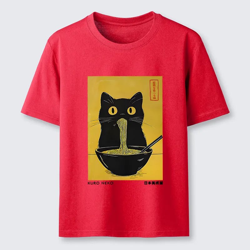 Magmoo Black Cat Eats Ramen In Big Bites Classic T-Shirt-Magmoo
