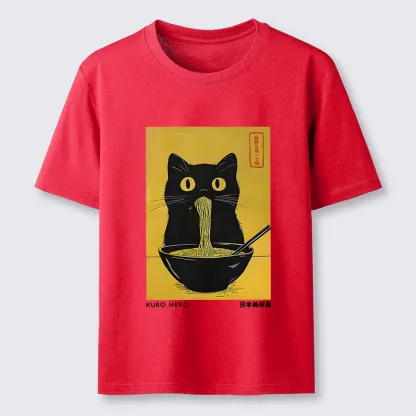 Magmoo Black Cat Eats Ramen In Big Bites Classic T-Shirt-Magmoo