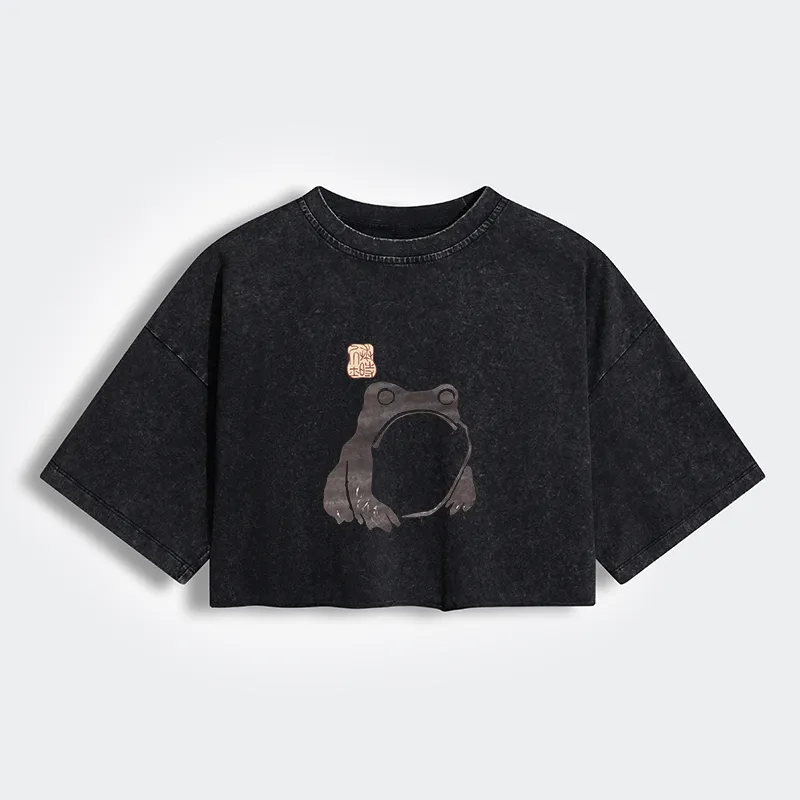 Magmoo Matsumoto Hoji Woodblock Print Frog Women's Washed Crop T-Shirt
