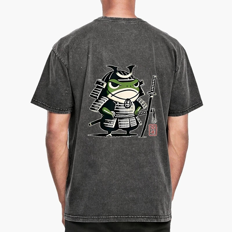 Magmoo Frog Samurai Japan Front Back Washed T-Shirt