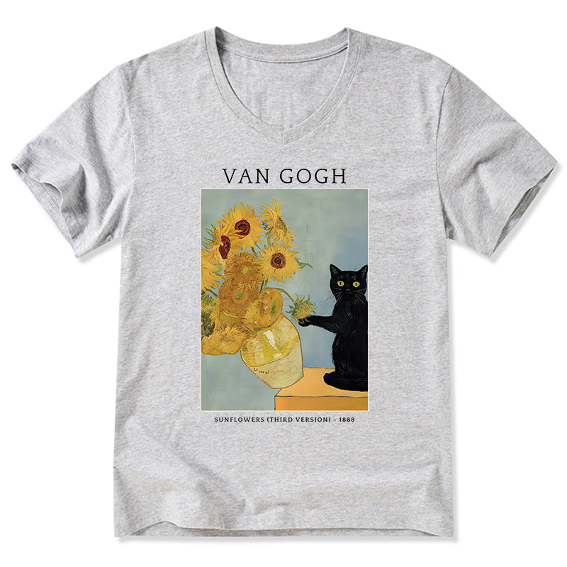 Magmoo Black Cat With Sunflowers V-Neck Classic T-Shirt