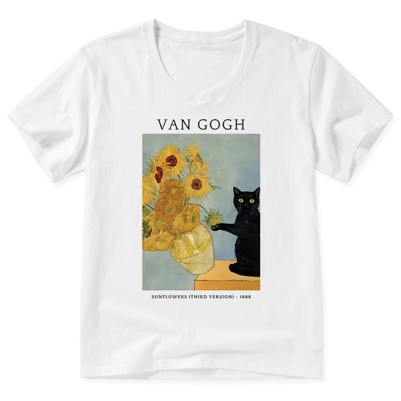 Magmoo Black Cat With Sunflowers V-Neck Classic T-Shirt