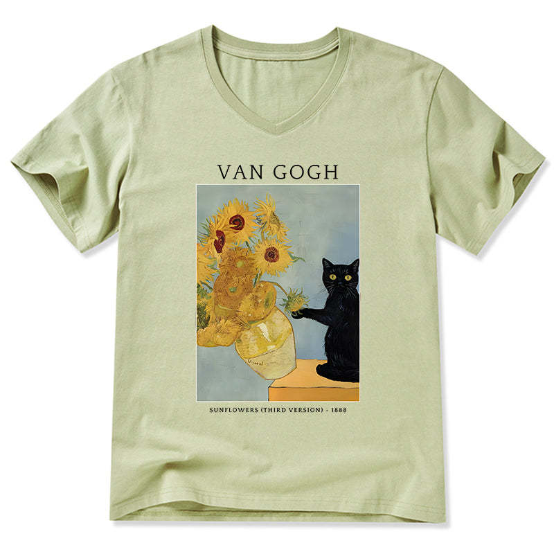 Magmoo Black Cat With Sunflowers V-Neck Classic T-Shirt