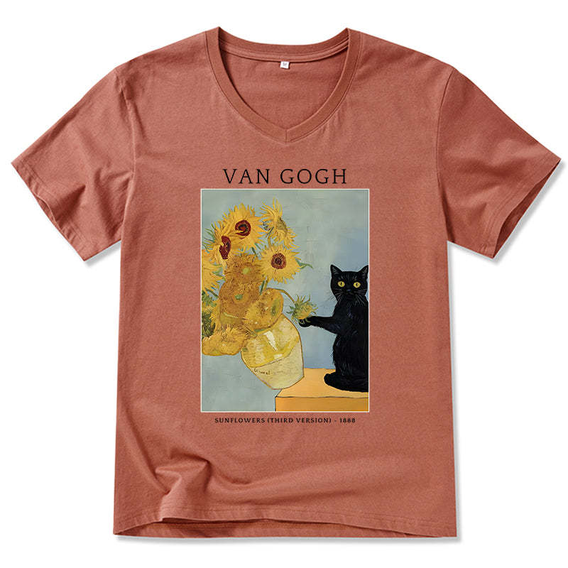 Magmoo Black Cat With Sunflowers V-Neck Classic T-Shirt