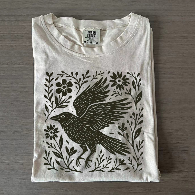 Folk Art Linocut Crow T-Shirt-Magmoo