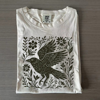 Folk Art Linocut Crow T-Shirt-Magmoo