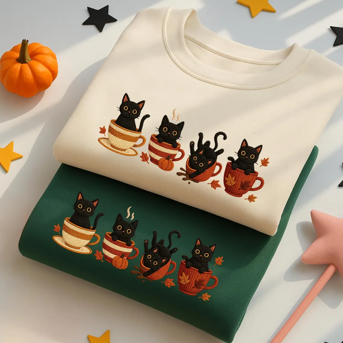 Embroidered Halloween Black Cat Sweatshirt