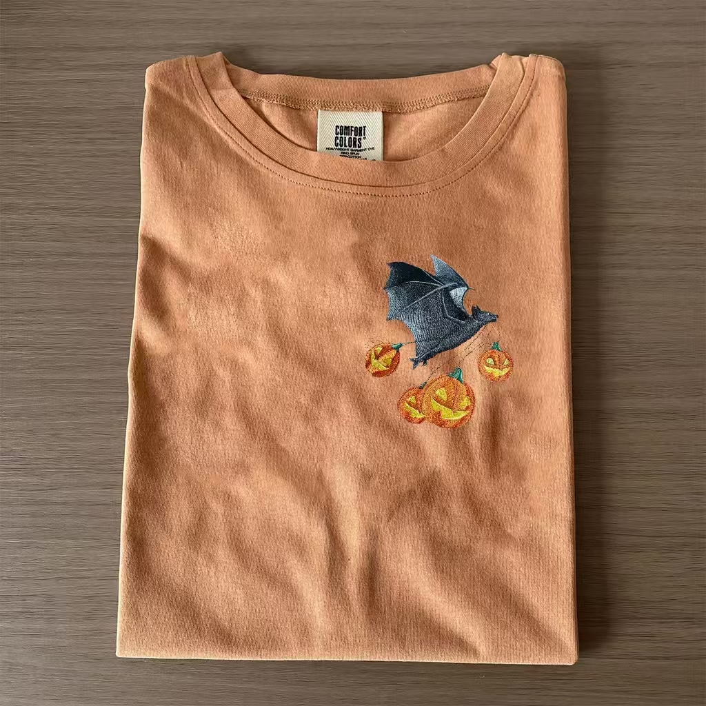 Flying Bat and Jack-O-Laterns Embroidered T-shirt