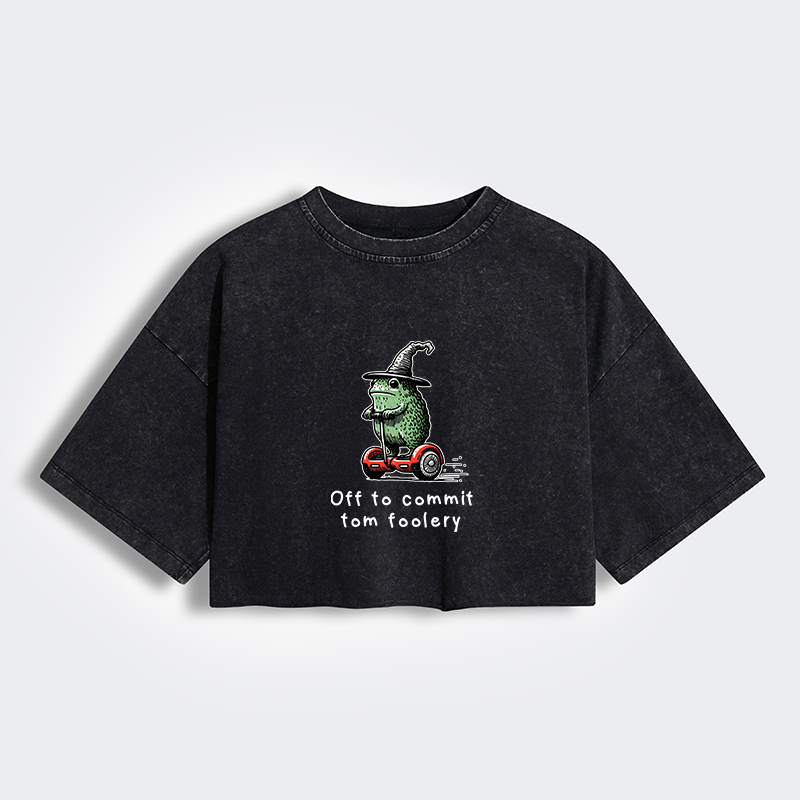 Magmoo Frog Riding A Balance Scooter Women's Washed Crop T-Shirt