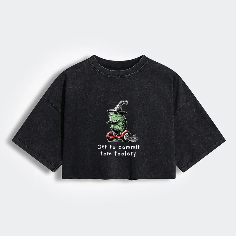 Magmoo Frog Riding A Balance Scooter Women's Washed Crop T-Shirt