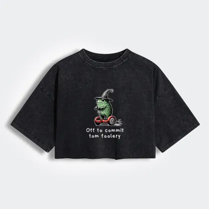 Magmoo Frog Riding A Balance Scooter Women's Washed Crop T-Shirt