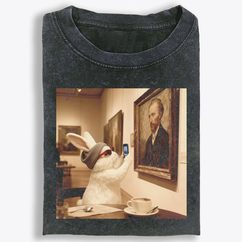 Art Bunny Taking Selfie With Van Gogh Meme Retro Washed T-Shirt