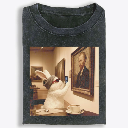 Art Bunny Taking Selfie With Van Gogh Meme Retro Washed T-Shirt